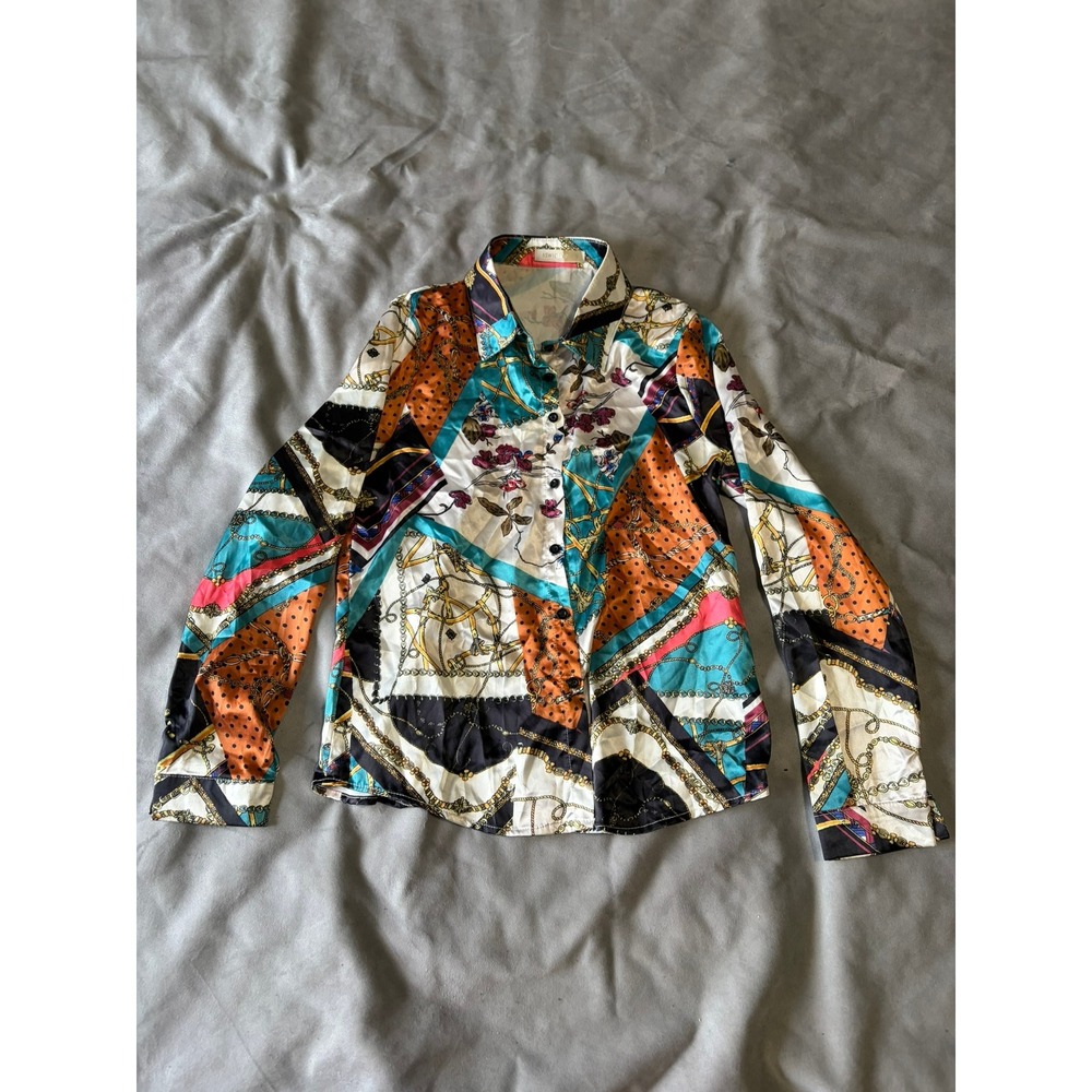 New Feeling Scarf Print Button Up Blouse Small Multicolor Chain Floral Silky Top